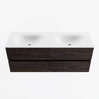Mondiaz VICA 130cm badmeubel onderkast Dark Brown 4 lades. Wastafel MOON dubbel zonder kraangat, kleur Talc.