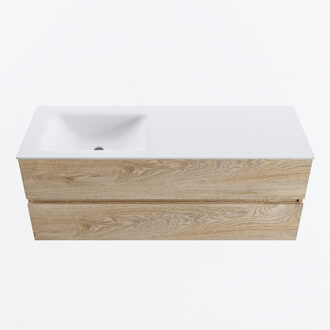 Mondiaz VICA 130cm badmeubel onderkast Washed Oak 2 lades. Wastafel CLOUD links zonder kraangat, kleur Talc.