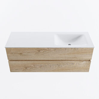 Mondiaz VICA 130cm badmeubel onderkast Washed Oak 2 lades. Wastafel CLOUD rechts zonder kraangat, kleur Talc.