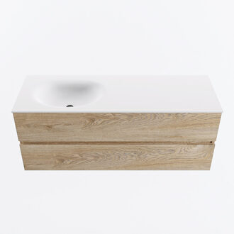 Mondiaz VICA 130cm badmeubel onderkast Washed Oak 2 lades. Wastafel MOON links zonder kraangat, kleur Talc.