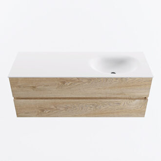 Mondiaz VICA 130cm badmeubel onderkast Washed Oak 2 lades. Wastafel MOON rechts zonder kraangat, kleur Talc.