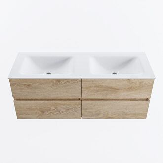 Mondiaz VICA 130cm badmeubel onderkast Washed Oak 4 lades. Wastafel CLOUD dubbel 2 kraangaten, kleur Talc.