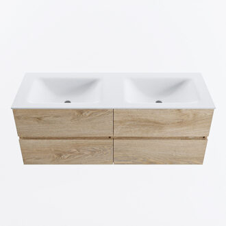 Mondiaz VICA 130cm badmeubel onderkast Washed Oak 4 lades. Wastafel CLOUD dubbel zonder kraangat, kleur Talc.