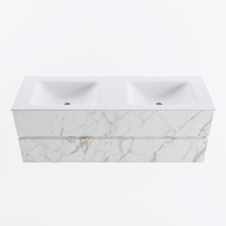 Mondiaz VICA 140cm badmeubel onderkast Carrara 2 lades. Wastafel CLOUD dubbel zonder kraangat, kleur Talc. Cararra