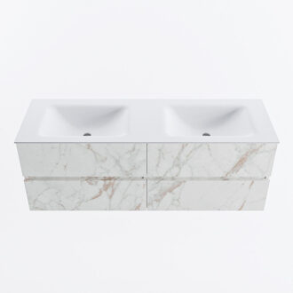 Mondiaz VICA 140cm badmeubel onderkast Carrara 4 lades. Wastafel CLOUD dubbel 2 kraangaten, kleur Talc. Cararra
