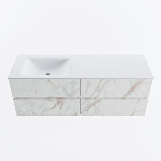 Mondiaz VICA 140cm badmeubel onderkast Carrara 4 lades. Wastafel CLOUD links zonder kraangat, kleur Talc. Cararra