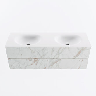 Mondiaz VICA 140cm badmeubel onderkast Carrara 4 lades. Wastafel MOON dubbel 2 kraangaten, kleur Talc. Cararra