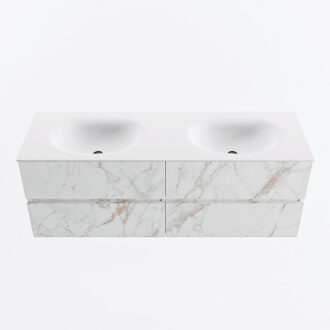 Mondiaz VICA 140cm badmeubel onderkast Carrara 4 lades. Wastafel MOON dubbel zonder kraangat, kleur Talc. Cararra
