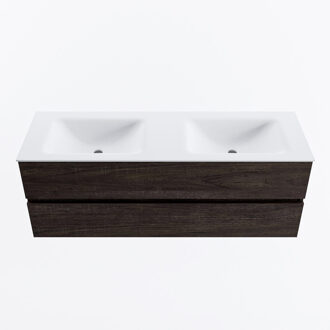 Mondiaz VICA 140cm badmeubel onderkast Dark Brown 2 lades. Wastafel CLOUD dubbel zonder kraangat, kleur Talc.