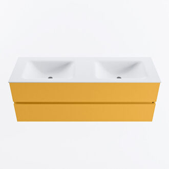 Mondiaz VICA 140cm badmeubel onderkast Ocher 2 lades. Wastafel CLOUD dubbel 2 kraangaten, kleur Talc.