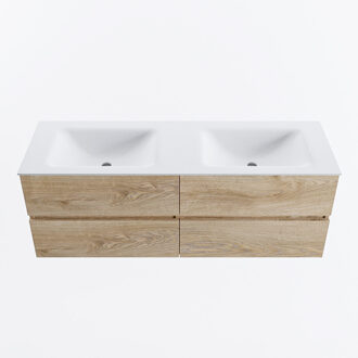 Mondiaz VICA 140cm badmeubel onderkast Washed Oak 4 lades. Wastafel CLOUD dubbel 2 kraangaten, kleur Talc.