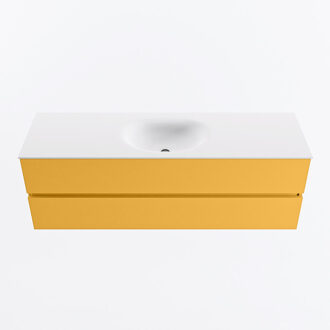 Mondiaz VICA 150cm badmeubel onderkast Ocher 2 lades. Wastafel MOON midden zonder kraangat, kleur Talc.