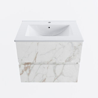 Mondiaz VICA 60cm badmeubel onderkast Carrara 2 lades. Wastafel DENIA midden 1 kraangat, kleur Glanzend Wit. Cararra