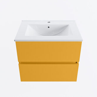 Mondiaz VICA 60cm badmeubel onderkast Ocher 2 lades. Wastafel DENIA midden 1 kraangat, kleur Glanzend Wit.
