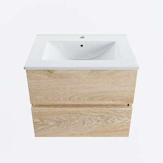 Mondiaz VICA 60cm badmeubel onderkast Washed Oak 2 lades. Wastafel DENIA midden 1 kraangat, kleur Glanzend Wit.