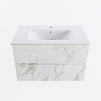 Mondiaz VICA 80cm badmeubel onderkast Carrara 2 lades. Wastafel DENIA midden 1 kraangat, kleur Glanzend Wit. Cararra