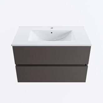 Mondiaz VICA 80cm badmeubel onderkast Dark Grey 2 lades. Wastafel DENIA midden 1 kraangat, kleur Glanzend Wit.