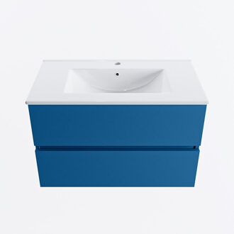 Mondiaz VICA 80cm badmeubel onderkast Jeans 2 lades. Wastafel DENIA midden 1 kraangat, kleur Glanzend Wit.