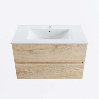 Mondiaz VICA 80cm badmeubel onderkast Washed Oak 2 lades. Wastafel DENIA midden 1 kraangat, kleur Glanzend Wit.