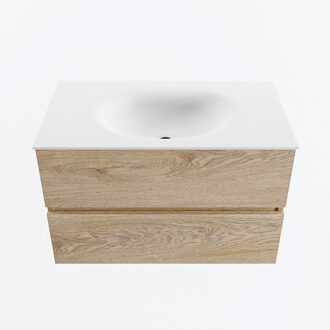 Mondiaz VICA 80cm badmeubel onderkast Washed Oak 2 lades. Wastafel MOON midden 1 kraangat, kleur Talc.