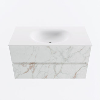 Mondiaz VICA 90cm badmeubel onderkast Carrara 2 lades. Wastafel MOON midden zonder kraangat, kleur Talc. Cararra