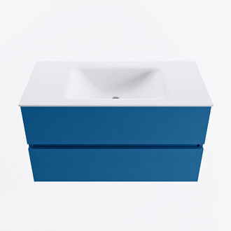 Mondiaz VICA 90cm badmeubel onderkast Jeans 2 lades. Wastafel CLOUD midden zonder kraangat, kleur Talc.