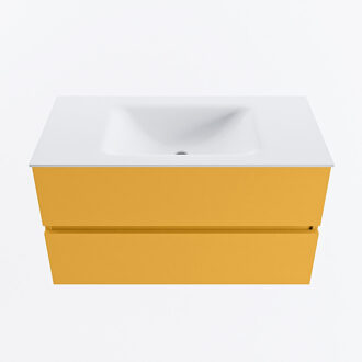 Mondiaz VICA 90cm badmeubel onderkast Ocher 2 lades. Wastafel CLOUD midden zonder kraangat, kleur Talc.