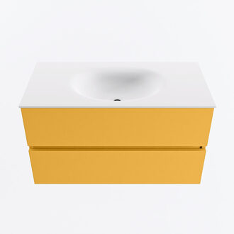 Mondiaz VICA 90cm badmeubel onderkast Ocher 2 lades. Wastafel MOON midden 1 kraangat, kleur Talc.