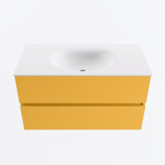 Mondiaz VICA 90cm badmeubel onderkast Ocher 2 lades. Wastafel MOON midden zonder kraangat, kleur Talc.