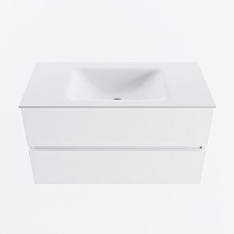 Mondiaz VICA 90cm badmeubel onderkast Talc 2 lades. Wastafel CLOUD midden zonder kraangat, kleur Talc.