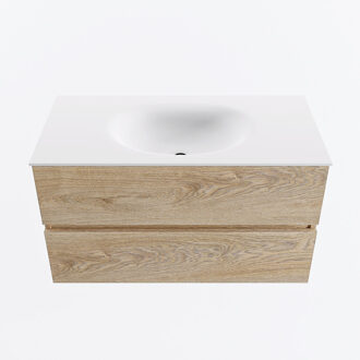 Mondiaz VICA 90cm badmeubel onderkast Washed Oak 2 lades. Wastafel MOON midden 1 kraangat, kleur Talc.