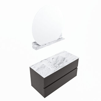 Mondiaz VICA-DLUX 100cm badmeubel onderkast Dark grey 2 lades. Inbouw wastafel CLOUD midden zonder kraangat, kleur Glace, en spiegel model SPOT