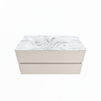 Mondiaz VICA-DLUX 100cm badmeubel onderkast Linen 2 lades. Inbouw wastafel CLOUD links 1 kraangat, kleur Glace.