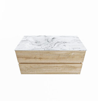 Mondiaz VICA-DLUX 100cm badmeubel onderkast Washed Oak 2 lades. Inbouw wastafel CLOUD links 1 kraangat, kleur Glace.