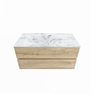 Mondiaz VICA-DLUX 100cm badmeubel onderkast Washed Oak 2 lades. Inbouw wastafel CLOUD links zonder kraangat, kleur Glace.