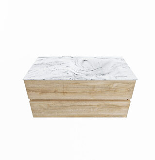 Mondiaz VICA-DLUX 100cm badmeubel onderkast Washed Oak 2 lades. Inbouw wastafel CLOUD rechts 1 kraangat, kleur Glace.