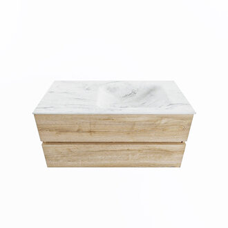 Mondiaz VICA-DLUX 100cm badmeubel onderkast Washed Oak 2 lades. Inbouw wastafel CLOUD rechts 1 kraangat, kleur Opalo.