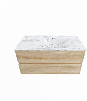 Mondiaz VICA-DLUX 100cm badmeubel onderkast Washed Oak 2 lades. Inbouw wastafel CLOUD rechts zonder kraangat, kleur Glace.