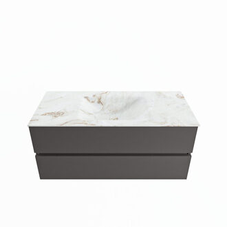 Mondiaz VICA-DLUX 110cm badmeubel onderkast Dark grey 2 lades. Inbouw wastafel CLOUD midden zonder kraangat, kleur Frappe.