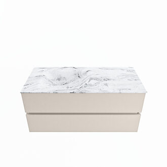 Mondiaz VICA-DLUX 110cm badmeubel onderkast Linen 2 lades. Inbouw wastafel CLOUD links 1 kraangat, kleur Glace.