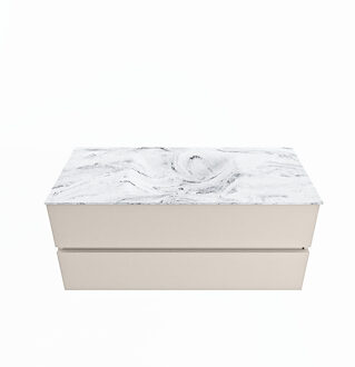 Mondiaz VICA-DLUX 110cm badmeubel onderkast Linen 2 lades. Inbouw wastafel CLOUD midden zonder kraangat, kleur Glace.