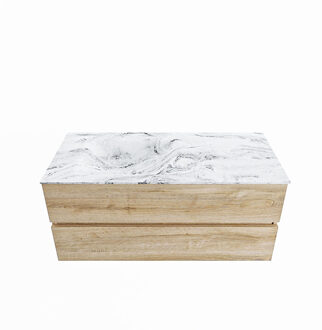 Mondiaz VICA-DLUX 110cm badmeubel onderkast Washed Oak 2 lades. Inbouw wastafel CLOUD links 1 kraangat, kleur Glace.