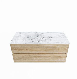 Mondiaz VICA-DLUX 110cm badmeubel onderkast Washed Oak 2 lades. Inbouw wastafel CLOUD links zonder kraangat, kleur Glace.