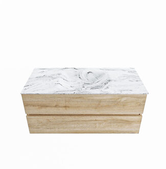 Mondiaz VICA-DLUX 110cm badmeubel onderkast Washed Oak 2 lades. Inbouw wastafel CLOUD midden 1 kraangat, kleur Glace.