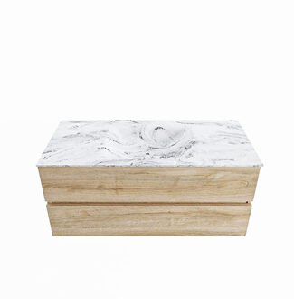 Mondiaz VICA-DLUX 110cm badmeubel onderkast Washed Oak 2 lades. Inbouw wastafel CLOUD midden zonder kraangat, kleur Glace.