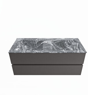 Mondiaz VICA-DLUX 120cm badmeubel onderkast Dark grey 2 lades. Inbouw wastafel CLOUD dubbel 2 kraangaten, kleur Lava.