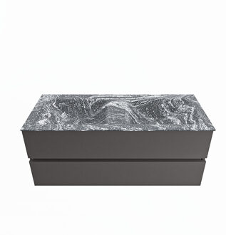 Mondiaz VICA-DLUX 120cm badmeubel onderkast Dark grey 2 lades. Inbouw wastafel CLOUD dubbel zonder kraangat, kleur Lava.