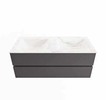 Mondiaz VICA-DLUX 120cm badmeubel onderkast Dark grey 2 lades. Inbouw wastafel CLOUD dubbel zonder kraangat, kleur Ostra.