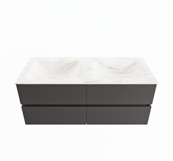 Mondiaz VICA-DLUX 120cm badmeubel onderkast Dark grey 4 lades. Inbouw wastafel CLOUD dubbel 2 kraangaten, kleur Ostra.