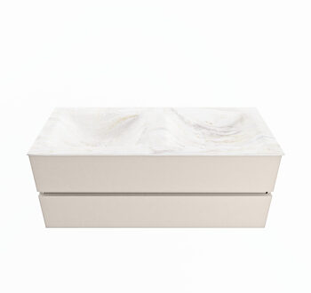 Mondiaz VICA-DLUX 120cm badmeubel onderkast Linen 2 lades. Inbouw wastafel CLOUD dubbel zonder kraangat, kleur Ostra.